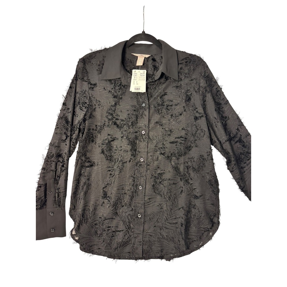 H&M Black Eyelash Textured Fringe Button Down Shirt Womens Small New
